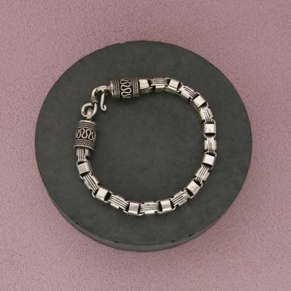 Sterling Silver Vintage Bali Unique Ribbed Box Chain Bracelet Size 6.25in